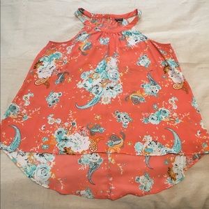 Torrid Satin High-Low Top, Coral and Blue | Size 2